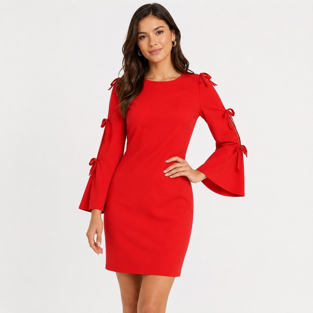 Vince Camuto Dress Womens XS Red Sheath Bell Sleeve Tie Bow Detail